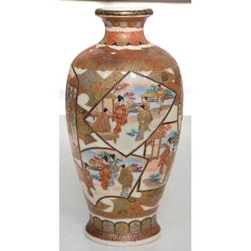 575 - A Japanese Satsuma vase, Meiji period, enamelled with overlapping figural panels of bijin and samura... 