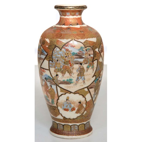 575 - A Japanese Satsuma vase, Meiji period, enamelled with overlapping figural panels of bijin and samura... 