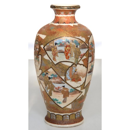 575 - A Japanese Satsuma vase, Meiji period, enamelled with overlapping figural panels of bijin and samura... 