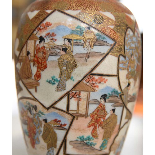 575 - A Japanese Satsuma vase, Meiji period, enamelled with overlapping figural panels of bijin and samura... 