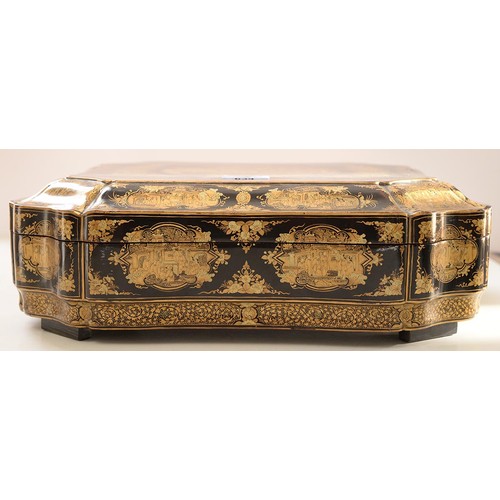 634 - A Chinese export black and gold lacquer games box, c1840, the interior fitted with seven boxes and c... 