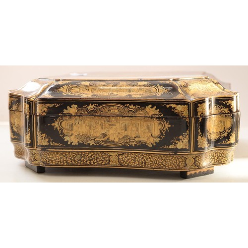 634 - A Chinese export black and gold lacquer games box, c1840, the interior fitted with seven boxes and c... 