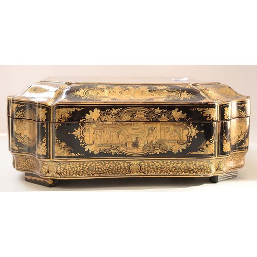 634 - A Chinese export black and gold lacquer games box, c1840, the interior fitted with seven boxes and c... 