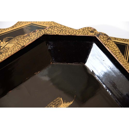 634 - A Chinese export black and gold lacquer games box, c1840, the interior fitted with seven boxes and c... 