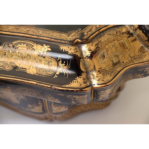 634 - A Chinese export black and gold lacquer games box, c1840, the interior fitted with seven boxes and c... 