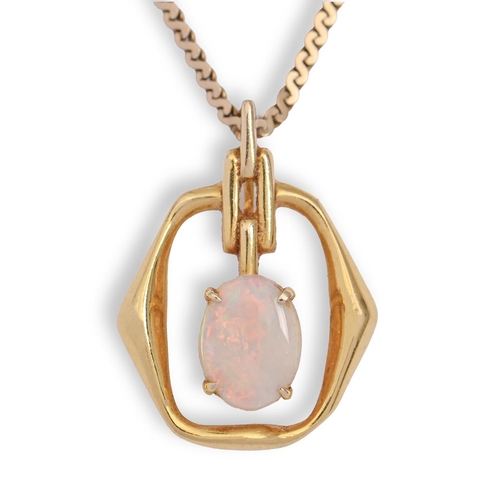 176 - An opal pendant, in gold, 24mm h, marked 14k, on a 9ct gold necklet, 4.9g