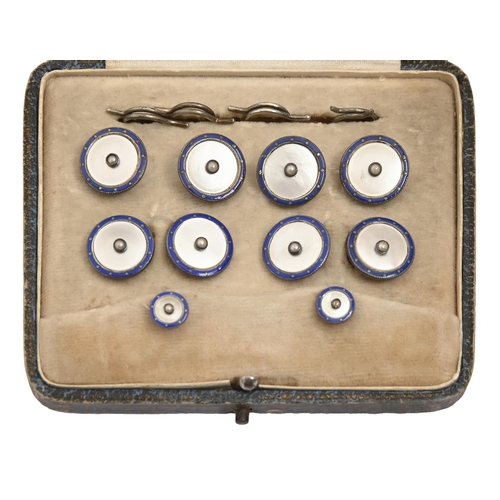 179 - A pearl, mother-of-pearl and silver and blue enamel dress set, c1930, cufflinks 14mm diam, marked SI... 