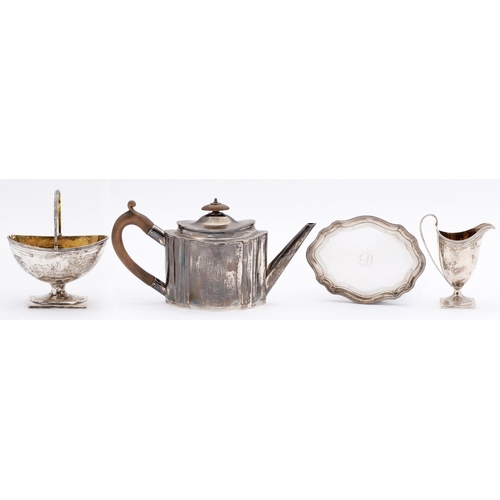 328 - A George III silver tea service, with engraved borders and initial D, the straight sided teapot with... 