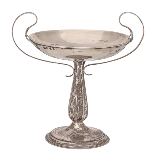329 - A George V silver fruit stand, with scrolling, bifurcated handles, on octagonal foot, 31cm h, by Hen... 