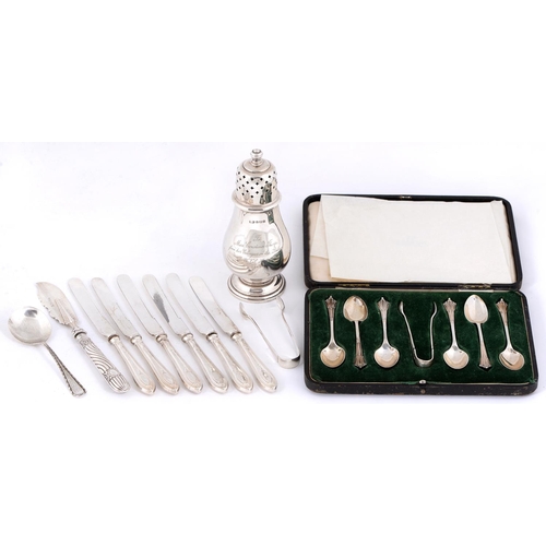 331 - A George VI silver caster, 15.5cm h, by Suckling Ltd, Birmingham 1939, a cased set of six silver cof... 