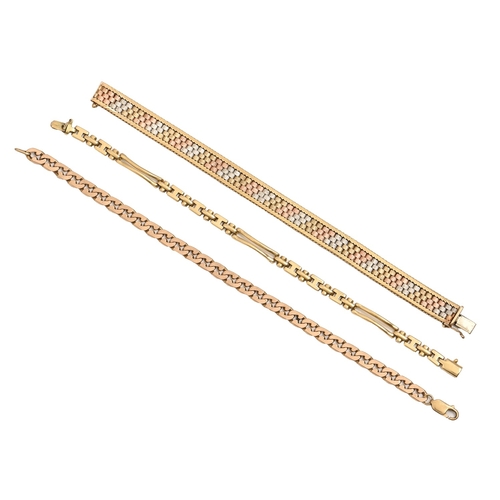 124 - A 9ct three-coloured gold bracelet, 18.5cm l and a gold flat curb bracelet, marked 9KT, 39.6g and an... 