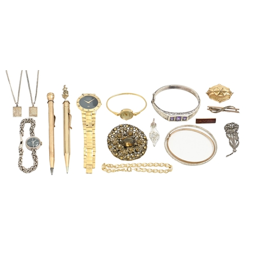 130 - An amethyst bangle, in silver, 60mm (internal) and miscellaneous other silver articles, costume jewe... 