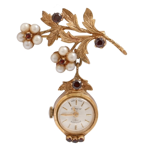 136 - A Rotary 9ct gold pendant watch and 9ct gold garnet and cultured pearl spray brooch, 46mm h, London ... 