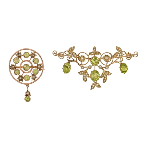 139 - A peridot and split pearl festoon brooch and a similar, smaller, circular brooch with drop, in gold,... 