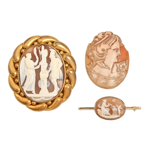 142 - A cameo brooch, on associated 9ct gold pin, 51mm l and two other cameos, the first 5.3g (3)... 