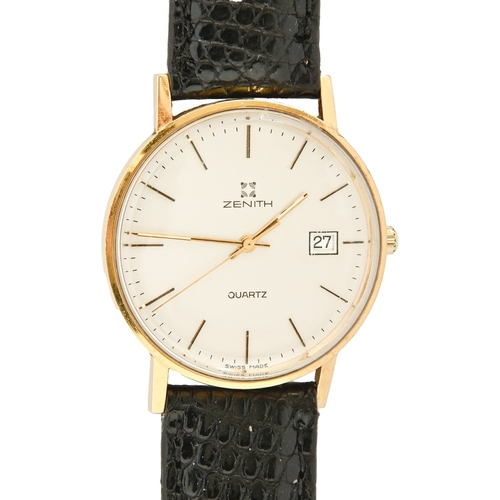 144 - A Zenith gold gentleman's wristwatch, quartz movement, 33mm diam, on leather strap with buckle, make... 