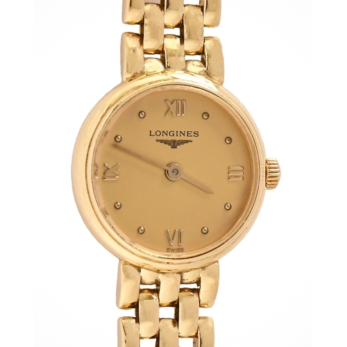 145 - A Longines 18ct gold lady's wristwatch, quartz movement, 19mm diam, on maker's 18ct gold bracelet wi... 