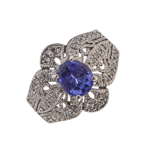 157 - A tanzanite and diamond ring, in platinum and marked 1.52 [tanzanite] and 0.28 [diamonds], 8.5g, siz... 