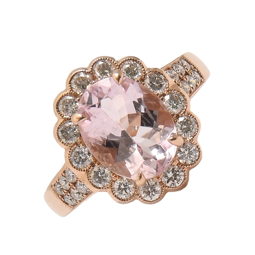 159 - A morganite and diamond ring, with diamond shoulders, in red gold, marked 750, 4.6g, size L... 