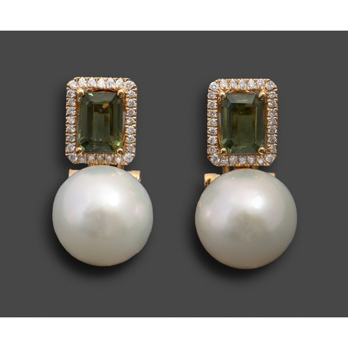 160 - A pair of tourmaline, diamond and cultured pearl earrings, in gold, 22mm h, marked 18K, 8.9g... 