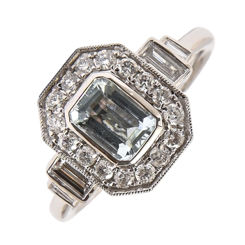 163 - An aquamarine and diamond ring, with round brilliant cut and baguette diamonds, 0.57ct, in platinum,... 