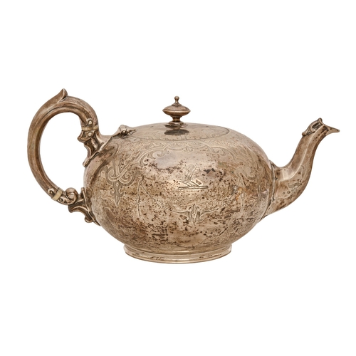 315 - A Victorian silver teapot, engraved with strapwork, ivory insulators, crested, 14cm h, by Robert Har... 