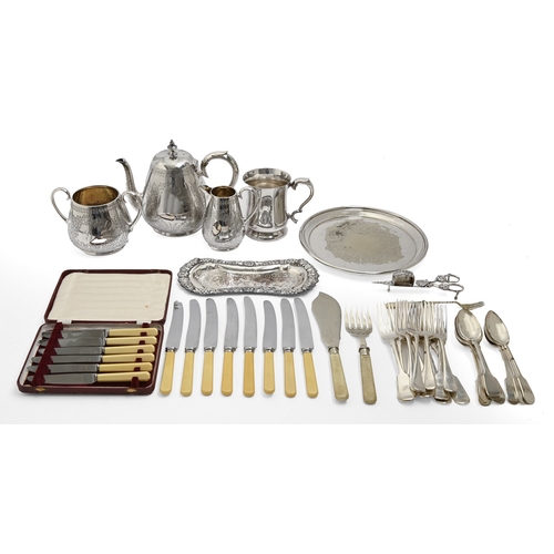 339 - Miscellaneous plated ware, to include a Victorian tea service, flatware and a salver, etc... 