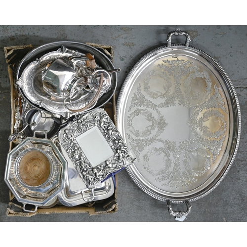 343 - A silver plated oval two-handled tea tray, with engraved decoration, 73cm w over handles, EPNS entre... 