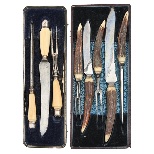 347 - A silver mounted three-piece carving set, with ivorine handles, Sheffield 1918, cased and a contempo... 