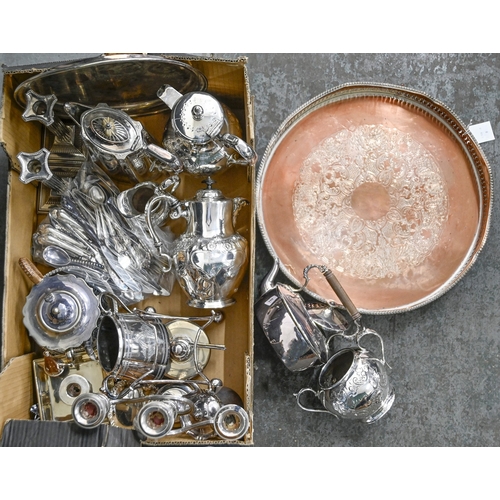 349 - Miscellaneous plated ware, including a pair of Corinthian column candlesticks, galleried tea tray on... 