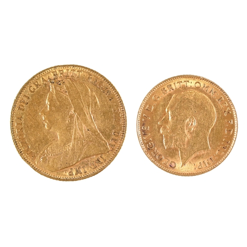 380 - Gold coins. Queen Victoria, Sovereign 1901; George V, Half Sovereign, 1913, both VF or better (2)... 