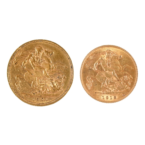 380 - Gold coins. Queen Victoria, Sovereign 1901; George V, Half Sovereign, 1913, both VF or better (2)... 