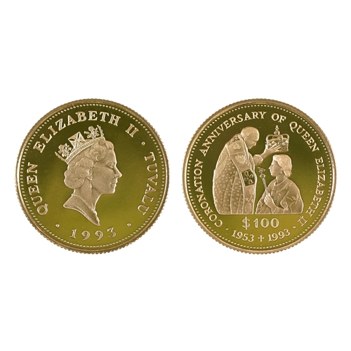 386 - Gold coin. Tuvalu commemorative One Hundred Dollars 1993, 0.583, 7.8g
