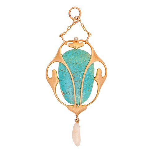 135A - Murrle, Bennett & Co. A jugendstil, turquoise, pearl and gold openwork pendant, Pforzheim c1910,... 