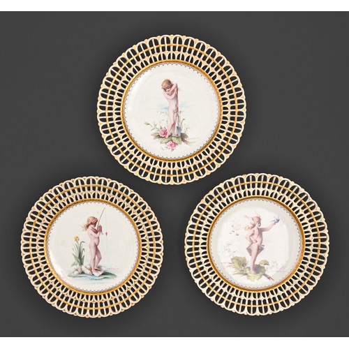 325 - A set of three Minton bone china dessert plates, c1880, of Vienna Pierced shape, painted by A Boulle... 