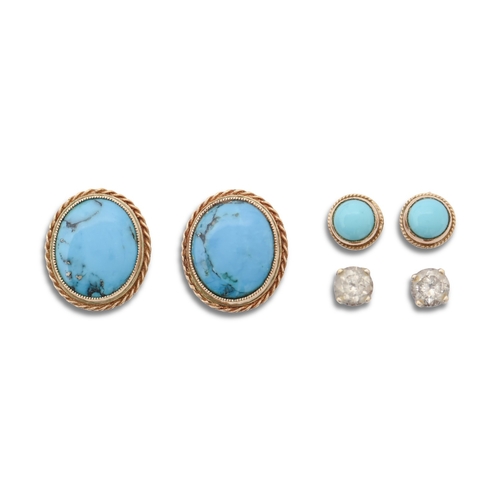 120 - A pair of turquoise ear studs, in 9ct gold, oval 14mm, London 1988, another pair, smaller and a pair... 