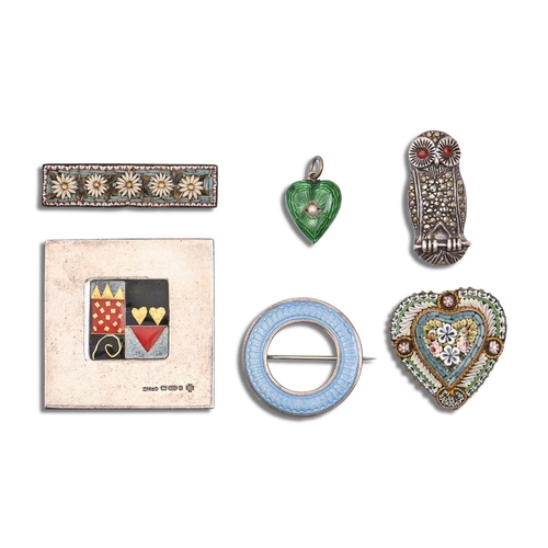 122 - Two mosaic brooches, a marcasite owl brooch and three enamelled silver articles, including a green h... 