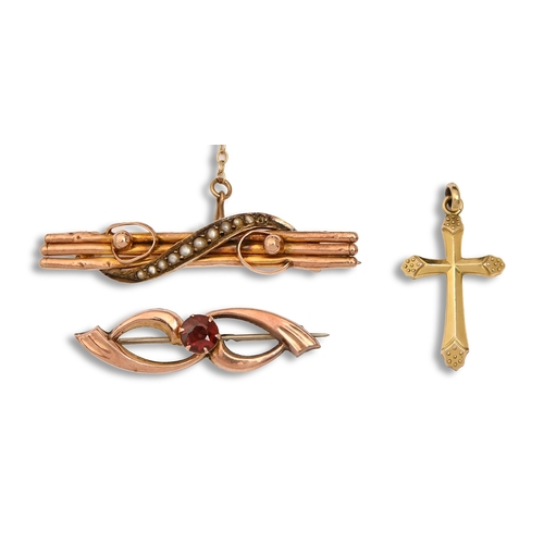 129 - Two split pearl or red paste bar brooches, c1900, in gold, marked 9ct and a gold cross, marked 14ct,... 