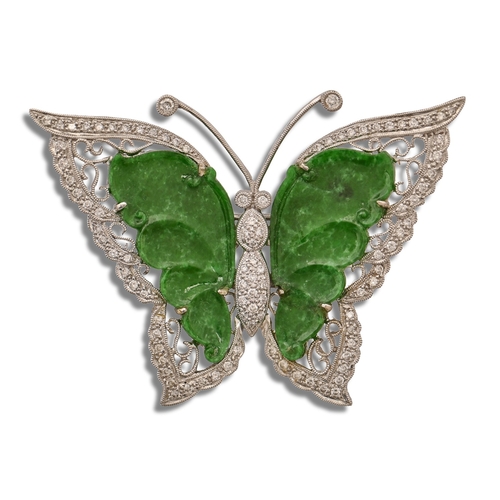 133 - A Chinese diamond, carved jade and white gold butterfly brooch, 60mm w, 18.7g