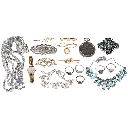 159 - A split pearl bar brooch, in gold, 28mm, marked 9ct, a silver lady's watch and miscellaneous costume... 