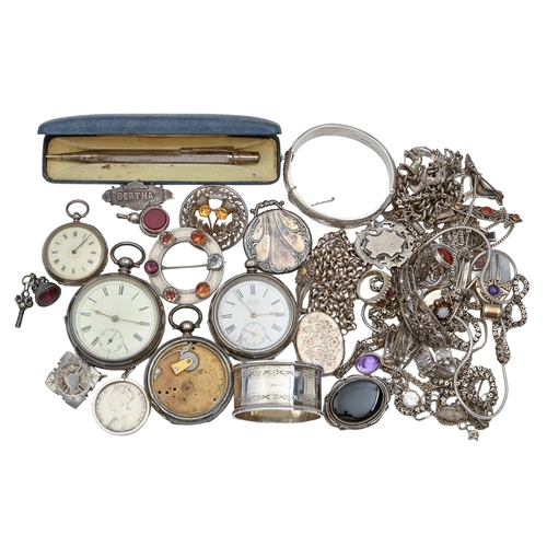 160 - Four silver watches, a napkin ring and miscellaneous other silver articles, Victorian and later, to ... 
