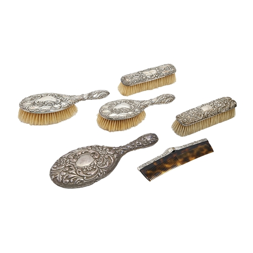 308 - An Edwardian silver brush set, marks rubbed, Birmingham 1905, cased (6)