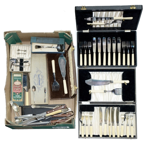 316 - Miscellaneous plated ware, to include a four piece tea service and cased sets of flatware... 