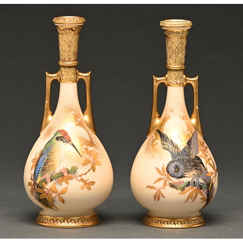 334 - A pair of Royal Worcester vases, 1888,&nbsp; painted by Charley Baldwyn, both signed BY, with a king... 