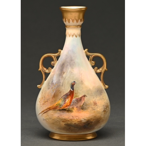 335 - A Royal Worcester vase, 1929,&nbsp; painted by Jas Stinton, signed, with pheasants, 14cm h, puce pri... 