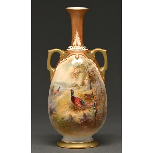 336 - A Royal Worcester vase, 1914,&nbsp; painted by Jas Stinton, signed, with pheasants and woodland, 10.... 