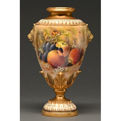 338 - A Royal Worcester vase, 1922,&nbsp; painted by Ricketts, signed, with fruit and blossom before a mos... 