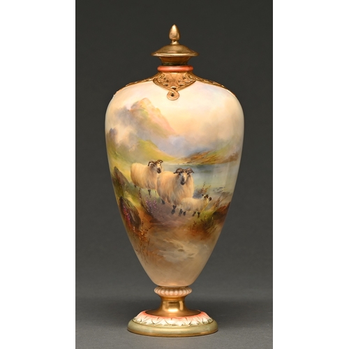339 - A Royal Worcester ewer, 1909,  painted by H Davis, signed, with sheep in a mountainous landscape, 22... 