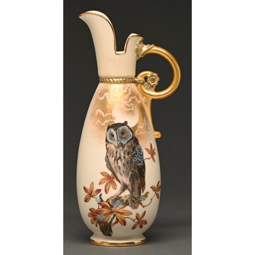 346 - A Royal Worcester cruch (ewer), 1886,&nbsp; painted probably by Charley Baldwyn, with an owl and gil... 