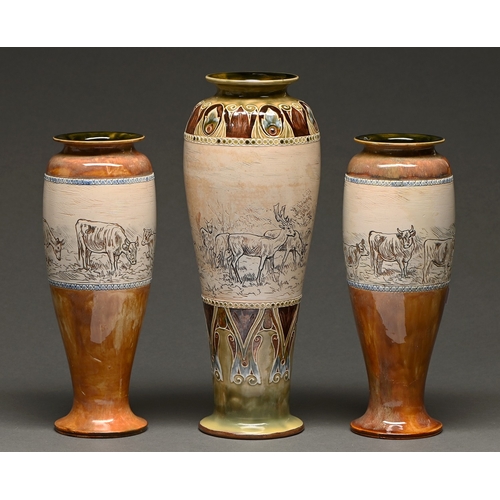 349 - One and a pair of Doulton ware vases, 1906 and 1907,&nbsp; each incised by Hannah B Barlow with deer... 